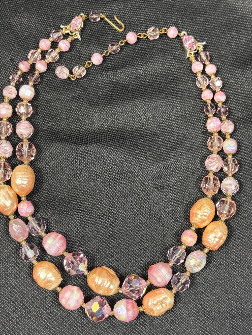 Pink Crystal Glass Beads Peach Faux Pearl Beaded Necklace Layered Vintage 15"
